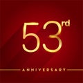 Celebrating of 53rd years anniversary, logotype golden colored isolated on red background, vector design for greeting card and