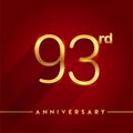 Celebrating of 93rd years anniversary, logotype golden colored isolated on red background, vector design for greeting card and