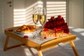 Celebrating Saint Valentine`s Day with bouquet of red roses, glass of champagne and croissants on tray on bed Royalty Free Stock Photo