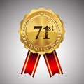 Celebrating 71st anniversary logo, with golden badge and red ribbon isolated on white background Royalty Free Stock Photo