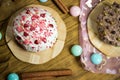 Celebrating sweet cupcakes, cinnamon decoration on wooden table, birthday party