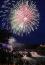Celebrating the Swiss Nationa Day an First August with firework over the Rhinefalls