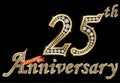 Celebrating 25th anniversary golden sign with diamonds, vector Royalty Free Stock Photo