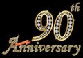 Celebrating 90th anniversary golden sign with diamonds, vector