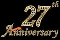 Celebrating 27th anniversary golden sign with diamonds, vector Royalty Free Stock Photo