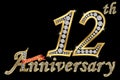 Celebrating 12th anniversary golden sign with diamonds, vector Royalty Free Stock Photo