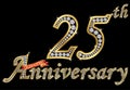 Celebrating 25th anniversary golden sign with diamonds, vector Royalty Free Stock Photo