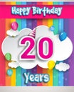 Celebrating 20th Anniversary logo, with confetti and balloons, clouds, colorful ribbon, Colorful Vector design template elements Royalty Free Stock Photo