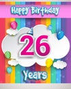 Celebrating 26th Anniversary logo, with confetti and balloons, clouds, colorful ribbon, Colorful Vector design template elements