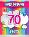 Celebrating 70th Anniversary logo, with confetti and balloons, clouds, colorful ribbon, Colorful Vector design template elements