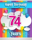 Celebrating 74th Anniversary logo, with confetti and balloons, clouds, colorful ribbon, Colorful Vector design template elements