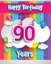 Celebrating 90th Anniversary logo, with confetti and balloons, clouds, colorful ribbon, Colorful Vector design template elements