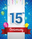 Celebrating 15th Anniversary logo, with confetti and balloons, red ribbon, Colorful Vector design template elements for your