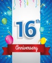 Celebrating 16th Anniversary logo, with confetti and balloons, red ribbon, Colorful Vector design template elements for your Royalty Free Stock Photo