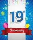 Celebrating 19th Anniversary logo, with confetti and balloons, red ribbon, Colorful Vector design template elements for your