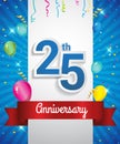 Celebrating 25th Anniversary logo, with confetti and balloons, red ribbon, Colorful Vector design template elements for your Royalty Free Stock Photo