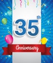 Celebrating 35th Anniversary logo, with confetti and balloons, red ribbon, Colorful Vector design template elements for your