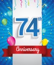 Celebrating 74th Anniversary logo, with confetti and balloons, red ribbon, Colorful Vector design template elements for your