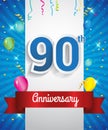 Celebrating 90th Anniversary logo, with confetti and balloons, red ribbon, Colorful Vector design template elements for your