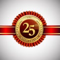 Celebrating 25th anniversary logo, with golden badge and red ribbon isolated on white background Royalty Free Stock Photo