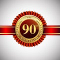 Celebrating 90th anniversary logo, with golden badge and red ribbon isolated on white background