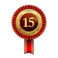 Celebrating 15th anniversary logo, with golden badge and red ribbon isolated on white background