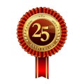 Celebrating 25th anniversary logo, with golden badge and red ribbon isolated on white background Royalty Free Stock Photo