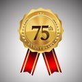 Celebrating 75th anniversary logo, with golden badge and red ribbon isolated on white background