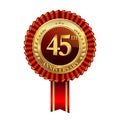 Celebrating 45th anniversary logo, with golden badge and red ribbon isolated on white background