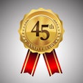 Celebrating 45th anniversary logo, with golden badge and red ribbon isolated on white background