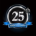 Celebrating 25th anniversary logo. with silver ring and blue ribbon Royalty Free Stock Photo