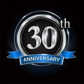 Celebrating 30th anniversary logo. with silver ring and blue ribbon Royalty Free Stock Photo