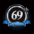 Celebrating 69th anniversary logo. with silver ring and blue ribbon