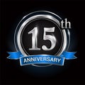 Celebrating 15th anniversary logo. with silver ring and blue ribbon