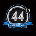 Celebrating 44th anniversary logo. with silver ring and blue ribbon
