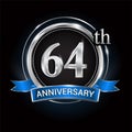 Celebrating 64th anniversary logo. with silver ring and blue ribbon