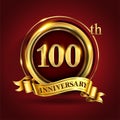 Celebrating 100th golden anniversary, Design Logo of Anniversary celebration with gold ring and golden ribbon