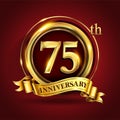 Celebrating 75th golden anniversary, Design Logo of Anniversary celebration with gold ring and golden ribbon