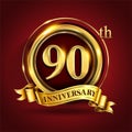 Celebrating 90th golden anniversary, Design Logo of Anniversary celebration with gold ring and golden ribbon