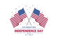 Celebrating 4 th of july USA independence day - two crossed american flag and ribbon firewok vector design Royalty Free Stock Photo