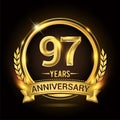 Celebrating 97th years anniversary logo with golden ring and ribbon