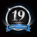 Celebrating 19th years anniversary logo with silver ring and blue ribbon