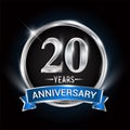 Celebrating 20th years anniversary logo with silver ring and blue ribbon