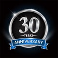 Celebrating 30th years anniversary logo with silver ring and blue ribbon Royalty Free Stock Photo