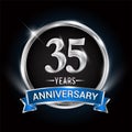 Celebrating 35th years anniversary logo with silver ring and blue ribbon