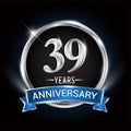 Celebrating 39th years anniversary logo with silver ring and blue ribbon
