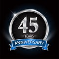 Celebrating 45th years anniversary logo with silver ring and blue ribbon