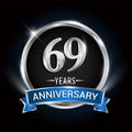 Celebrating 69th years anniversary logo with silver ring and blue ribbon