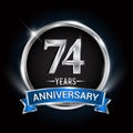 Celebrating 74th years anniversary logo with silver ring and blue ribbon