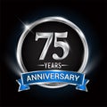 Celebrating 75th years anniversary logo with silver ring and blue ribbon